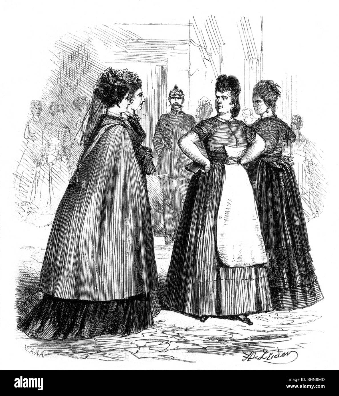 Personnes, professions, servante, «devant le bureau de l'emploi des serviteurs», gravure sur bois après dessin par Hermann Lueders (1836 - 1908), Berlin, Allemagne, Banque D'Images