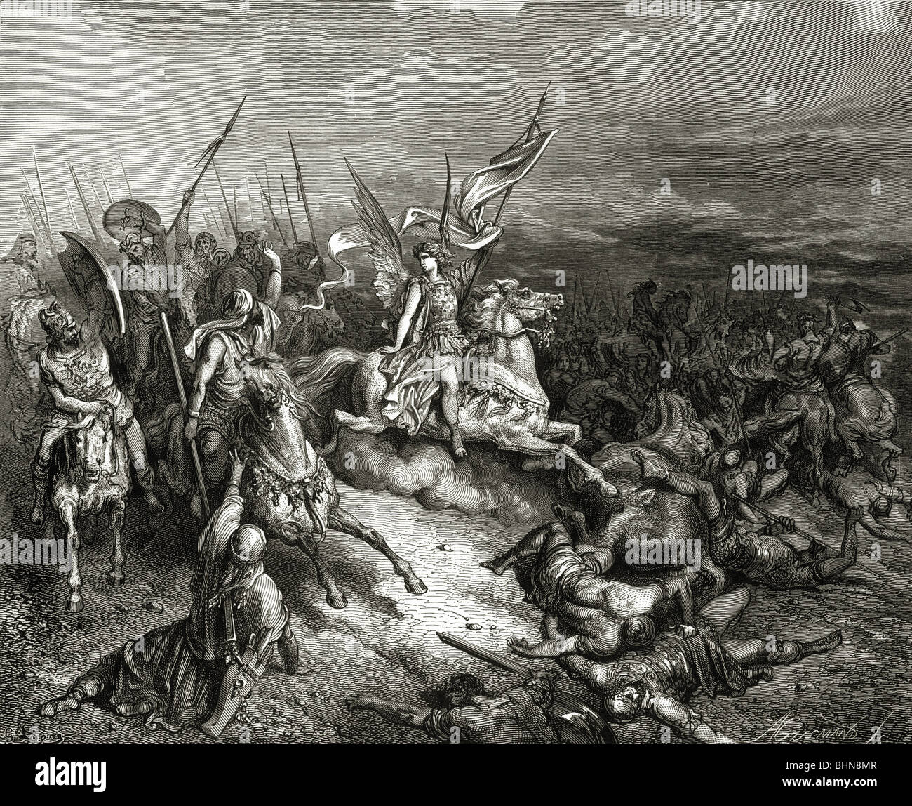 La religion, scènes bibliques, 'L'Ange de Maccabées', gravure sur bois par Gustave Dore, 19e siècle, l'artiste n'a pas d'auteur pour être effacé Banque D'Images