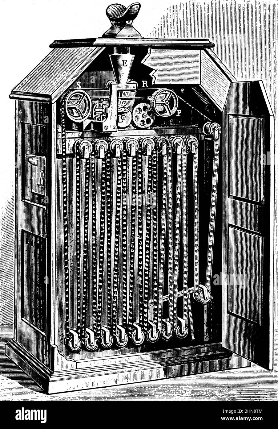 Film / cinéma, projecteur de film, Kinetoscope, par Thomas Edison, gravure en bois, 1891, Banque D'Images