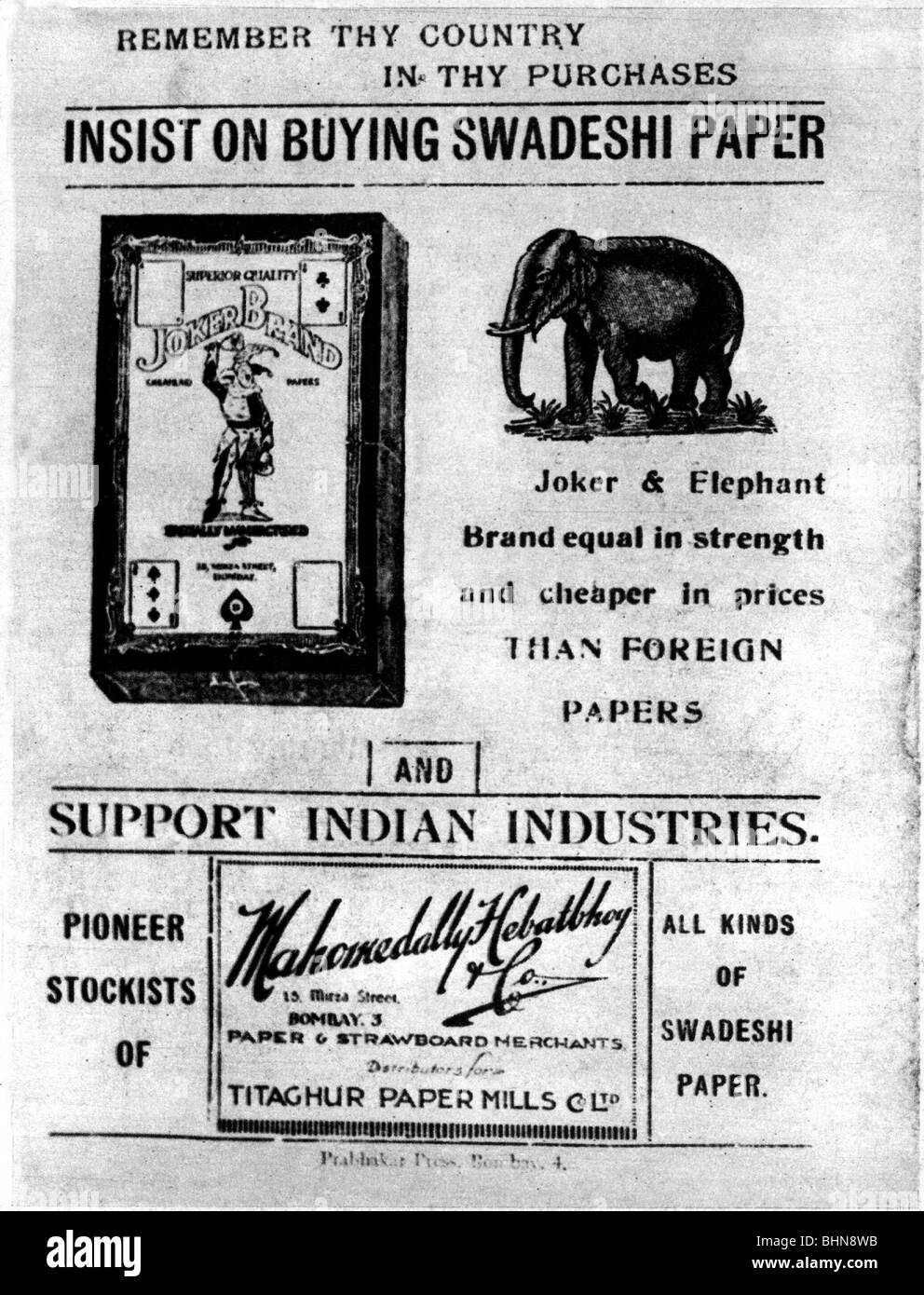 Géographie / voyages, Inde, politique, guerre d'indépendance, boycott des biens britanniques, appel à acheter papier indien, affiche, 1940, , Banque D'Images