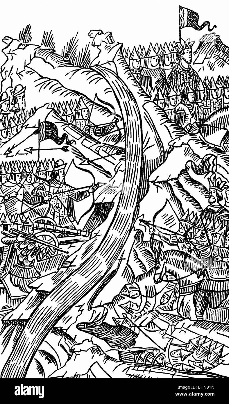 Géographie / voyages, Russie, guerre mongole, debout à Ugra, 8.9. - 11.11.1480, dessin après miniature de la chronique de Nikon, XVIe siècle, , Banque D'Images