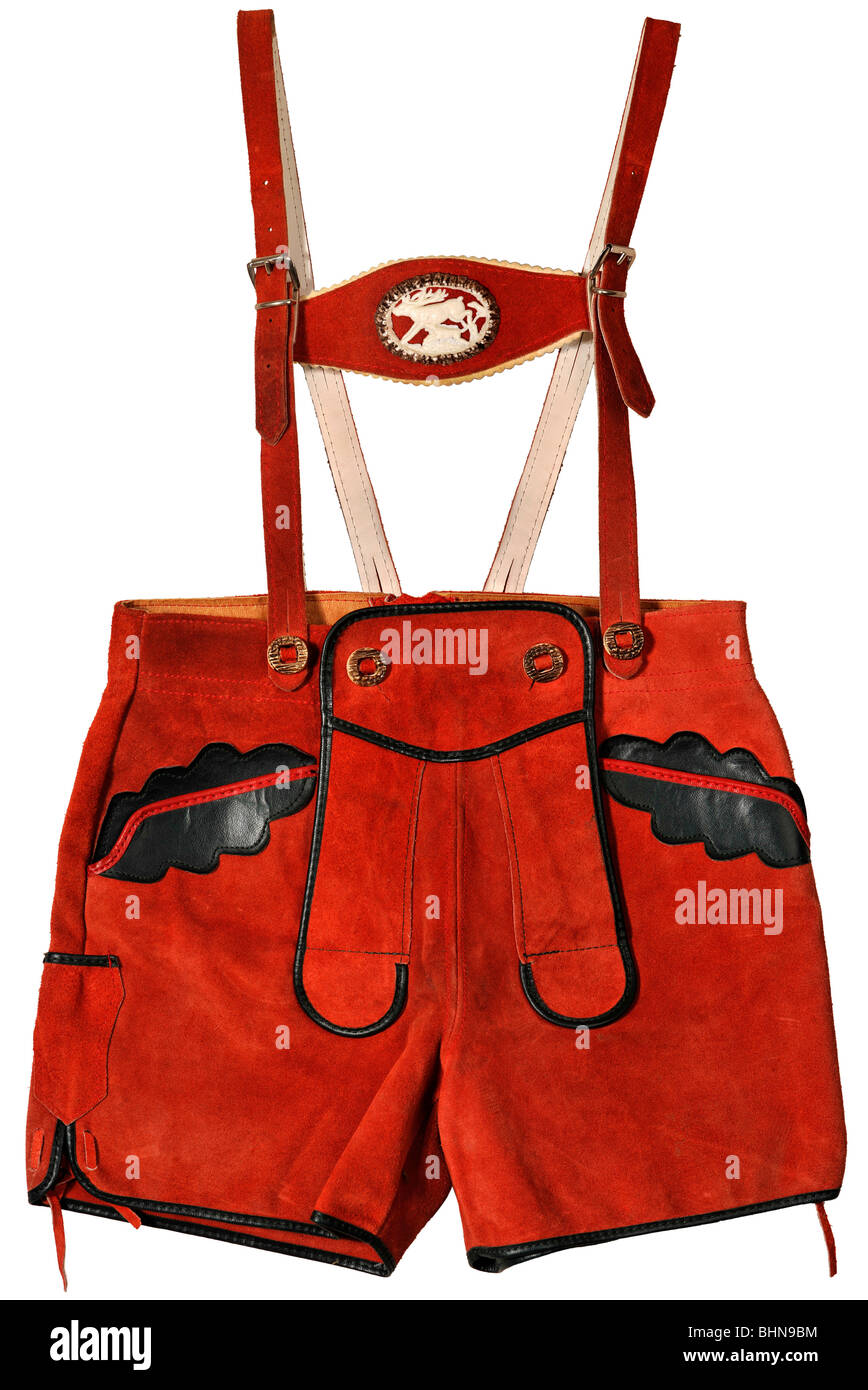 Mode, costume traditionnel, pantalon en cuir rouge, Bavière, Allemagne, vers 1978, Banque D'Images