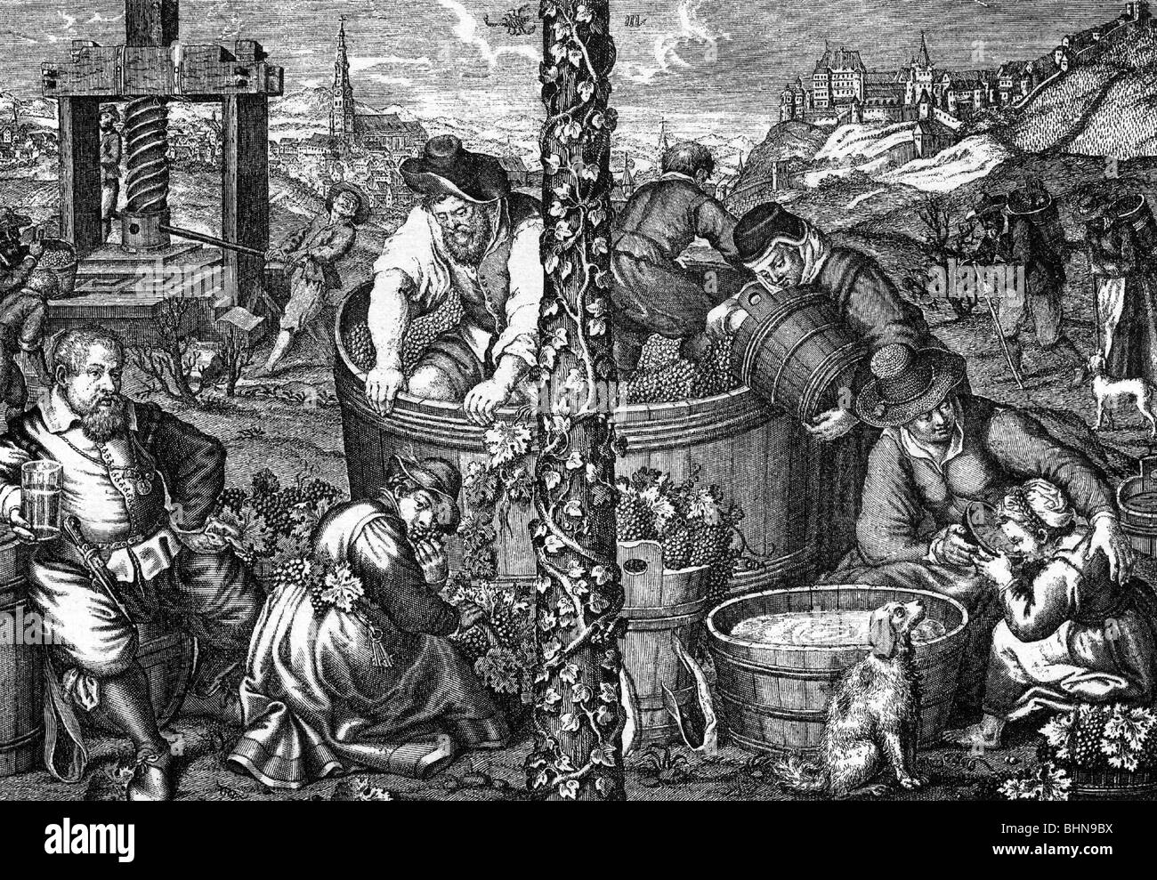 Agriculture, vin, viticulture à Landshut, récolte, remplissage de barils de raisins, reproduction de la gravure par Amling, XVIIe siècle, historique, historique, cueillette de raisin, récolte de raisin, récolte de raisin, rassemblements de raisin, transformation, gens, Banque D'Images