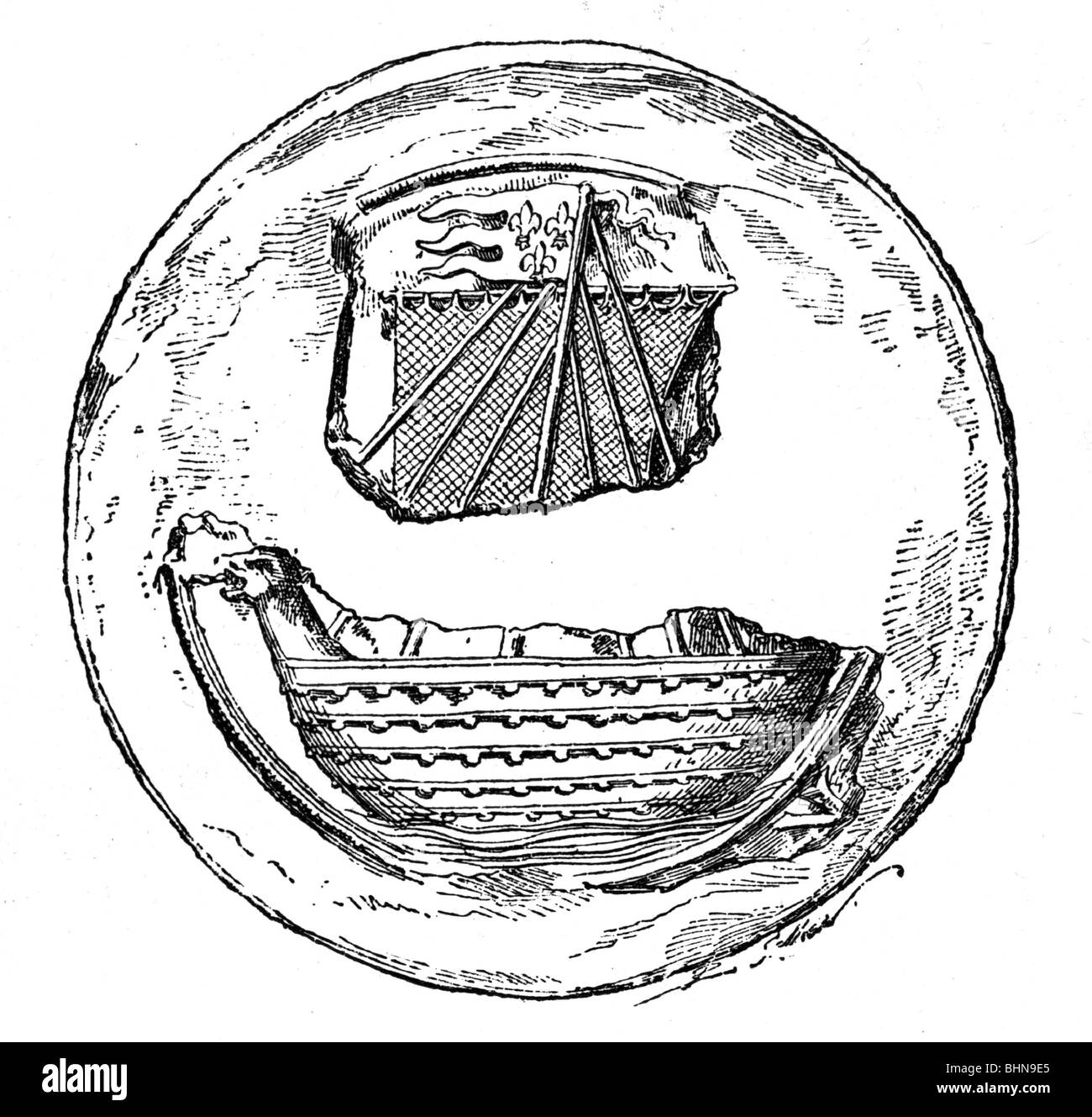 Heraldry, sceaux, France, sceau de Paris City, XIIe siècle, après modèle contemporain, gravure en bois, XIXe siècle, historique, navire, drapeau, lys, lilas, bras de ville, sceau officiel, communal, municipal, époque médiévale, Moyen âge, découpage, découpe, découpe, découpe, découpe, découpe, découpe, découpe, Banque D'Images