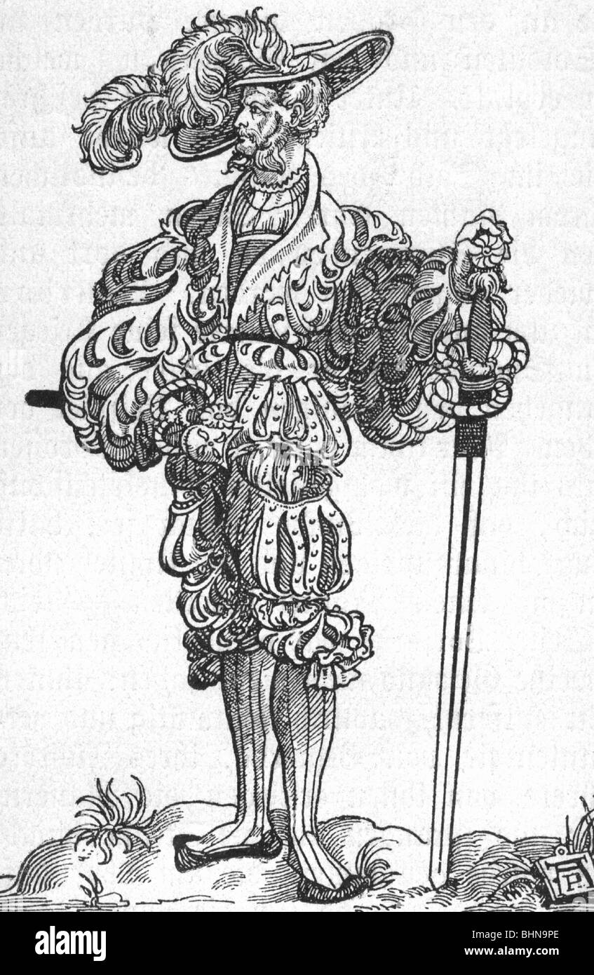 militaire, landsknechts, landsknecht avec épée, coupe de bois, vers 1500, Banque D'Images