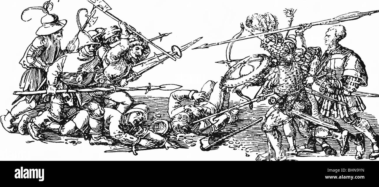 Landsknechts, militaires, mercenaires contre les paysans rebelles, dessin par Albrecht Duerer, illustration pour le livre de prières de l'Empereur Maximilien I, vers 1515, l'artiste n'a pas d'auteur pour être effacé Banque D'Images