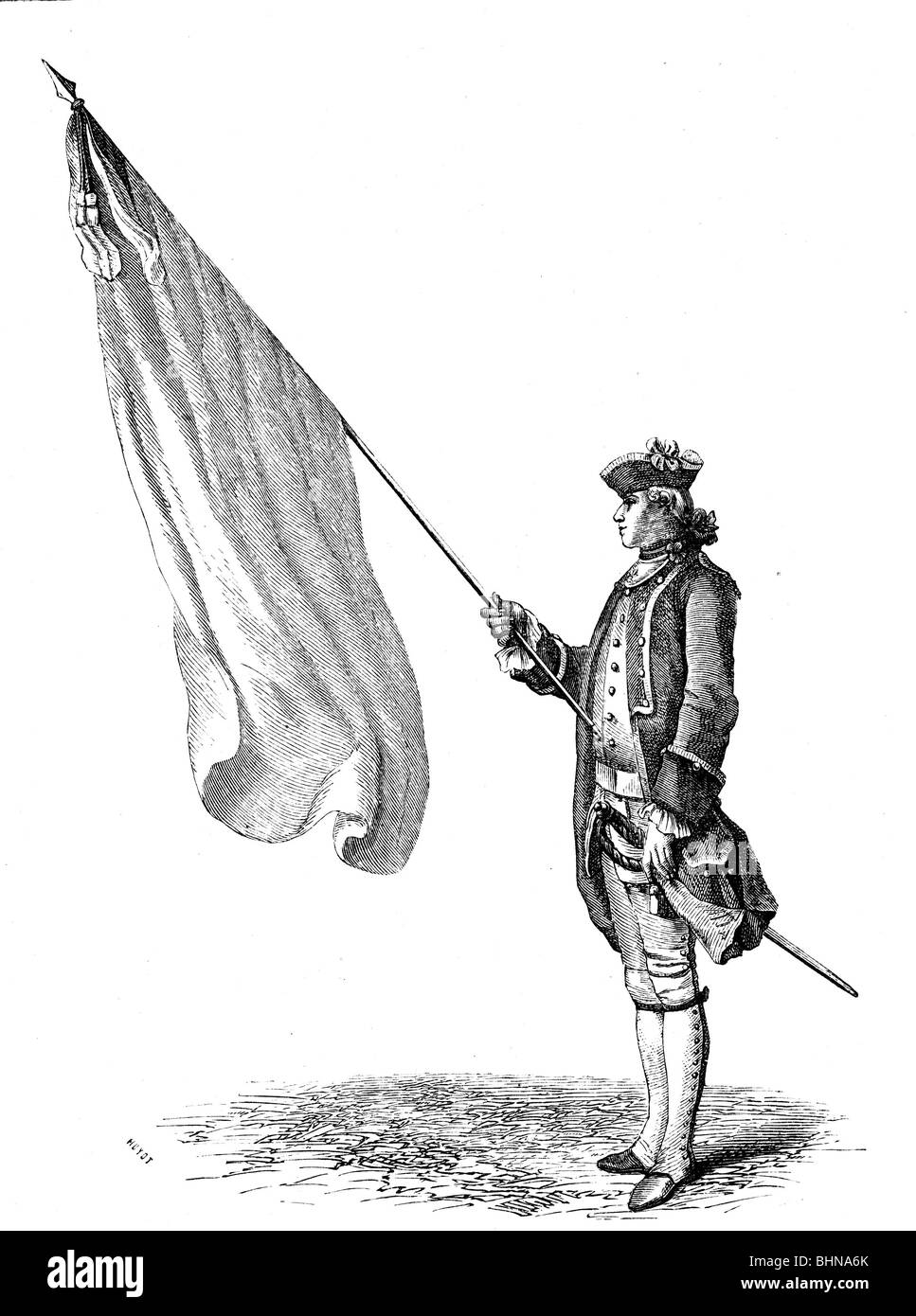 Militaire, France, infanterie, exercice, saluer avec le drapeau, après gravure en cuivre de Gravelot, 1766, Banque D'Images
