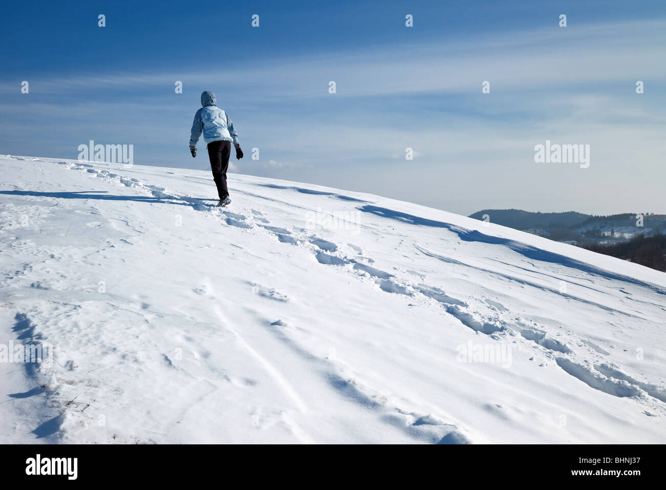 Randonneur sur le champ de neige d'hiver Banque D'Images