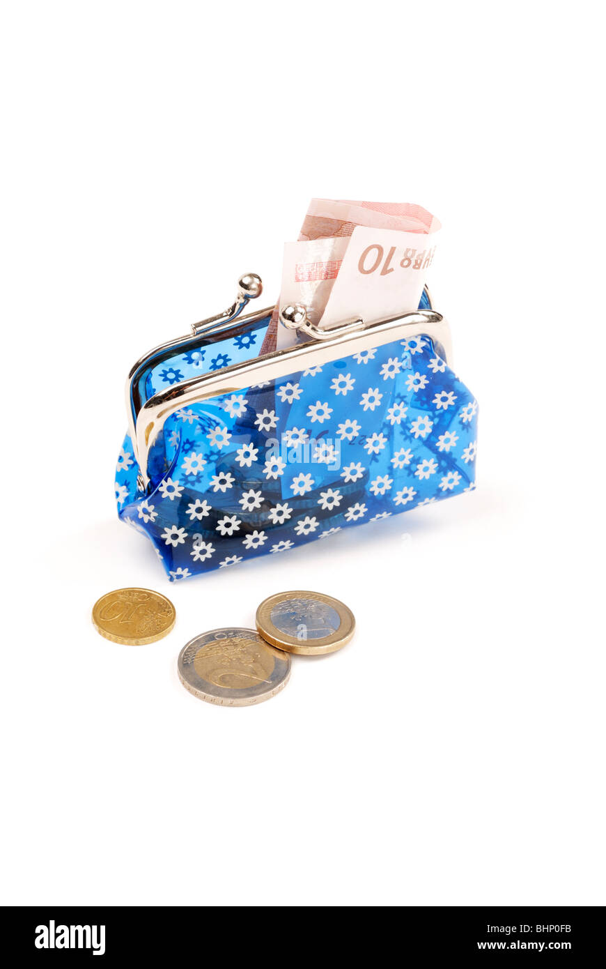 Sac à main et de l'argent isolé sur fond blanc Banque D'Images