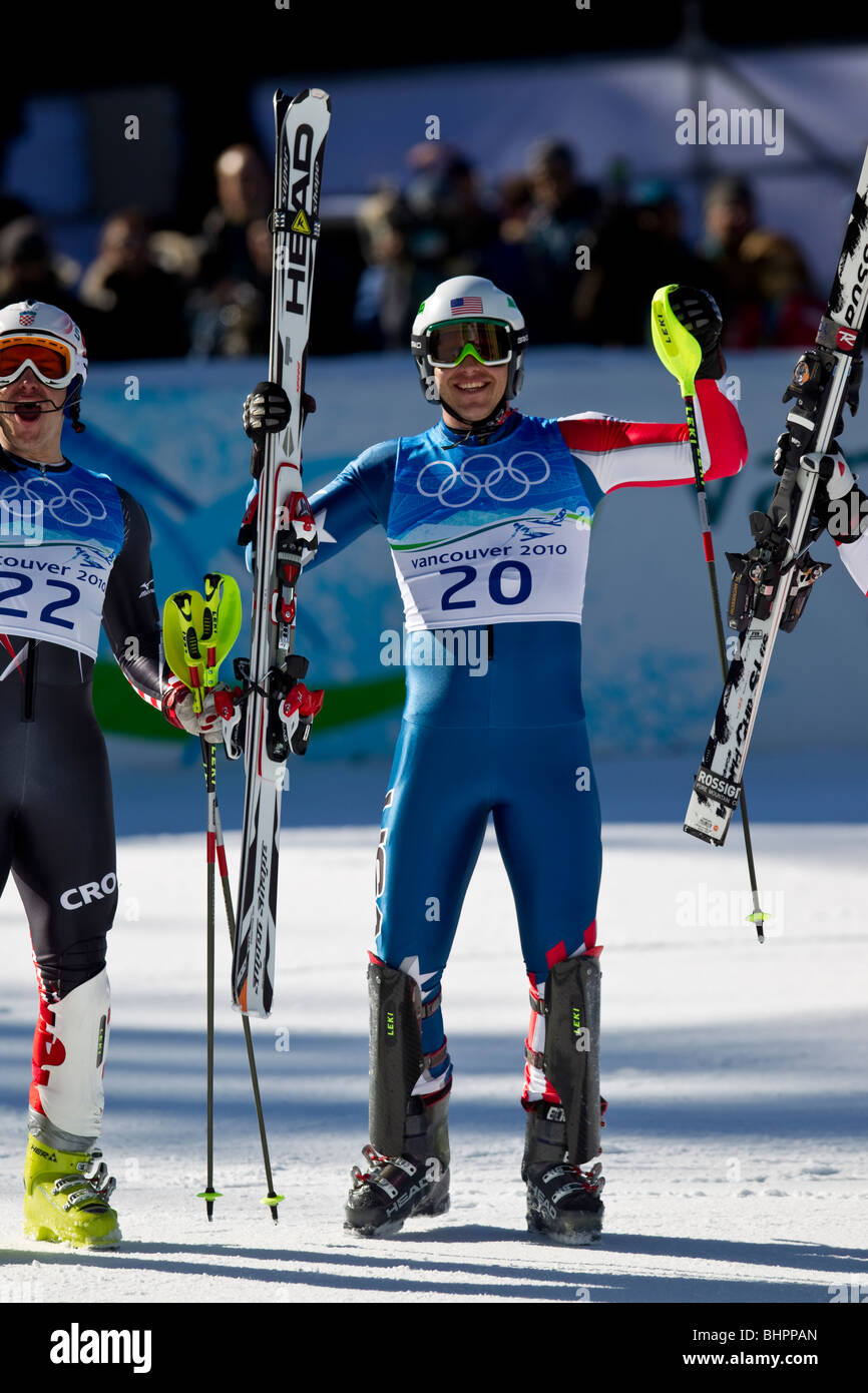 Bode Miller( USA), médaille d'or dans les épreuves de ski alpin Super combiné hommes aux Jeux Olympiques d'hiver de 2010 Banque D'Images