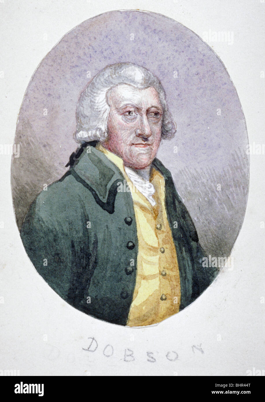 M. Dobson, un commerçant de Fleet Street, porter une perruque, justaucorps et gilet, c1780. Artiste : Anon Banque D'Images