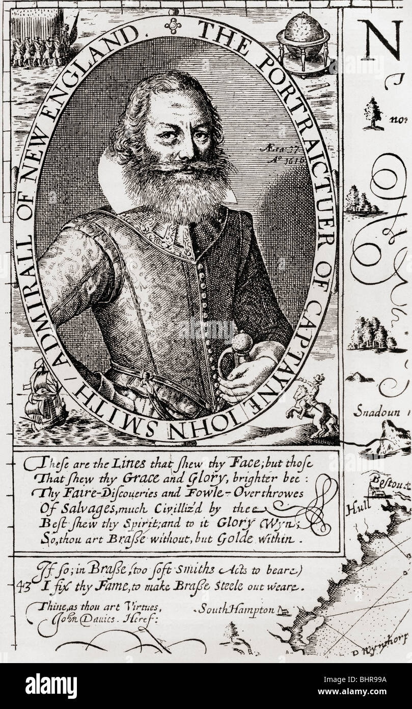 Le capitaine John Smith c. 1580 à 1631, à partir de son 1614 Carte de la Nouvelle Angleterre. Amiral de la Nouvelle Angleterre. Soldat anglais, explorateur, auteur. Banque D'Images