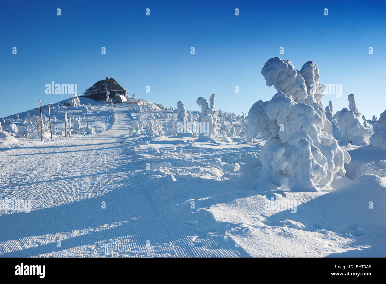 Hiver neige paysage de montagnes de Karkonosze Pologne Logement, Szrenica, Banque D'Images