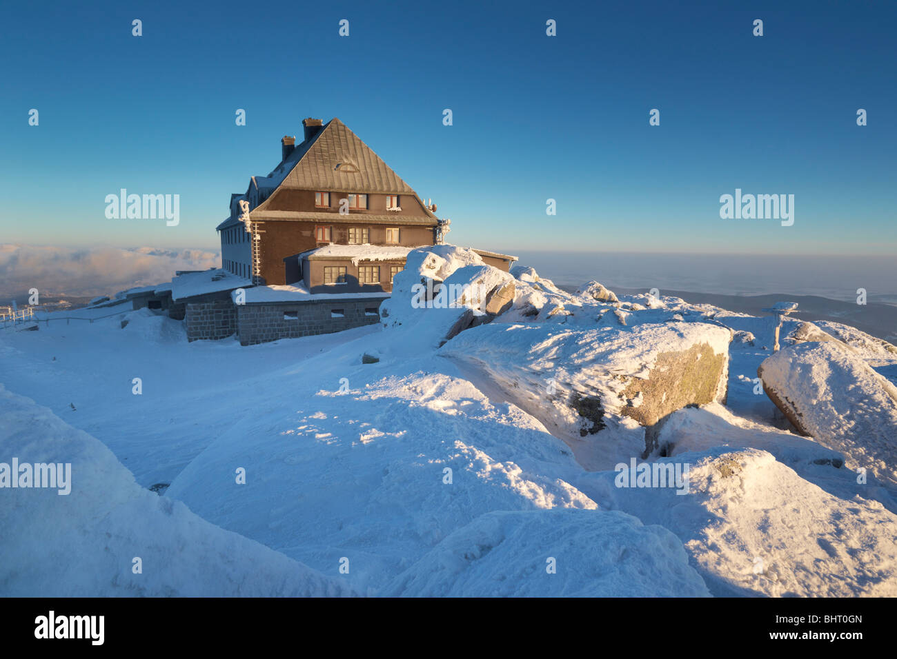 Paysage d'hiver dans les montagnes de Karkonosze Pologne Logement, Szrenica, Banque D'Images