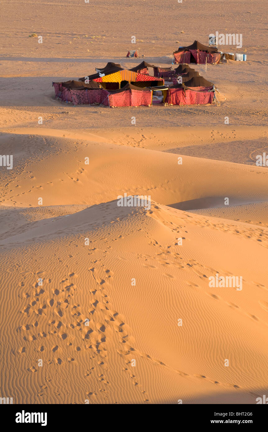 Soir lumière tombe sur un camp berbère dans les dunes de Tinfou dans la rivière la vallée du Draa, au sud de Tamegroute, Maroc Banque D'Images