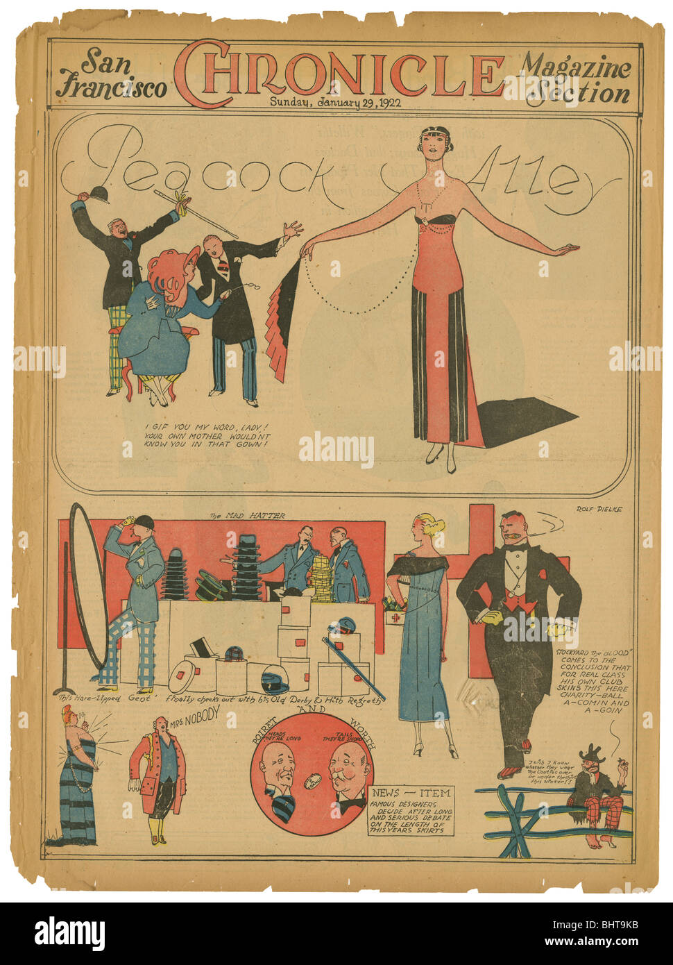 Dimanche 29 janvier 1922 San Francisco Chronicle Section Magazine. Art Peacock Alley, rabat, Art Déco par Rolf Pielke. Banque D'Images