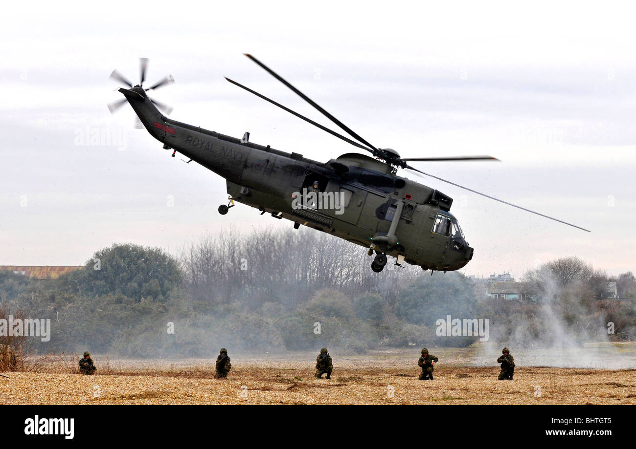 Un hélicoptère militaire en action, un hélicoptère Sea King de la Royal Navy se décollant de troupes, au décollage, atterrissage, UK Banque D'Images