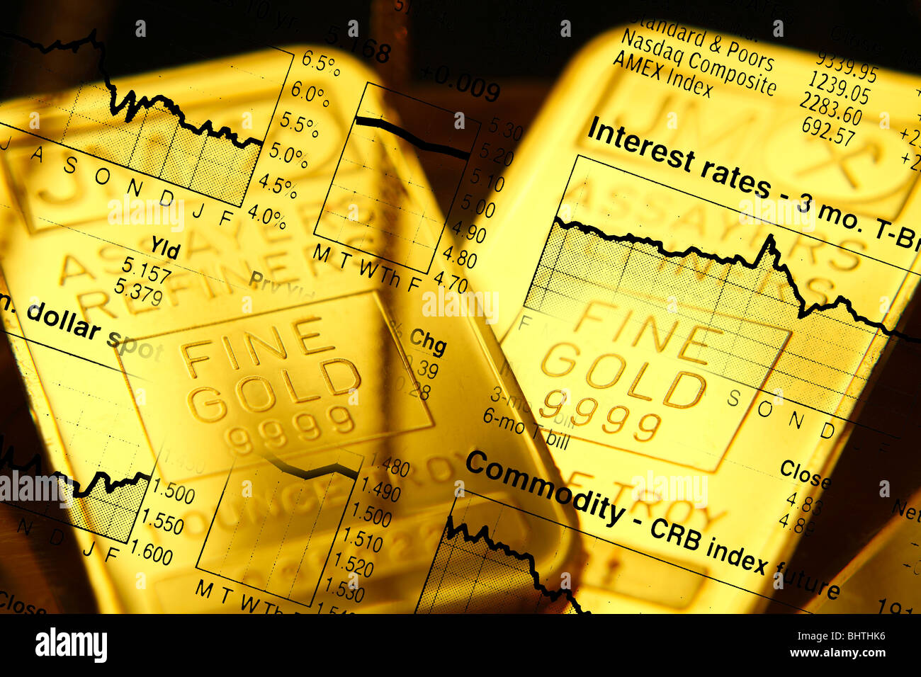 Concept d'affaires avec des barres d'or recouvertes d'illustration du marché boursier Banque D'Images