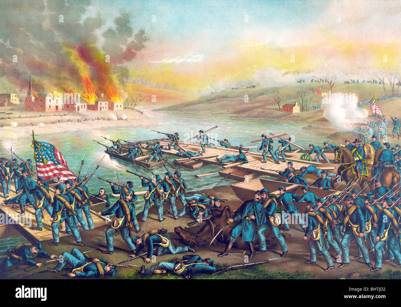 Circa 1888 lithographie en couleur représentant la bataille de Fredericksburg, lors de la guerre de Sécession. Banque D'Images