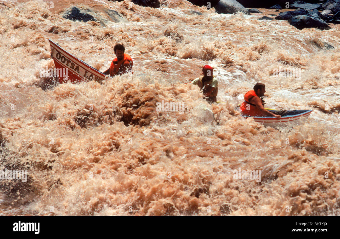 Les voyageurs d'aventure à Grand Canyon Dory rebondissent à travers le barattage et torsion rapides de Lava Falls sur la rivière Colorado Banque D'Images