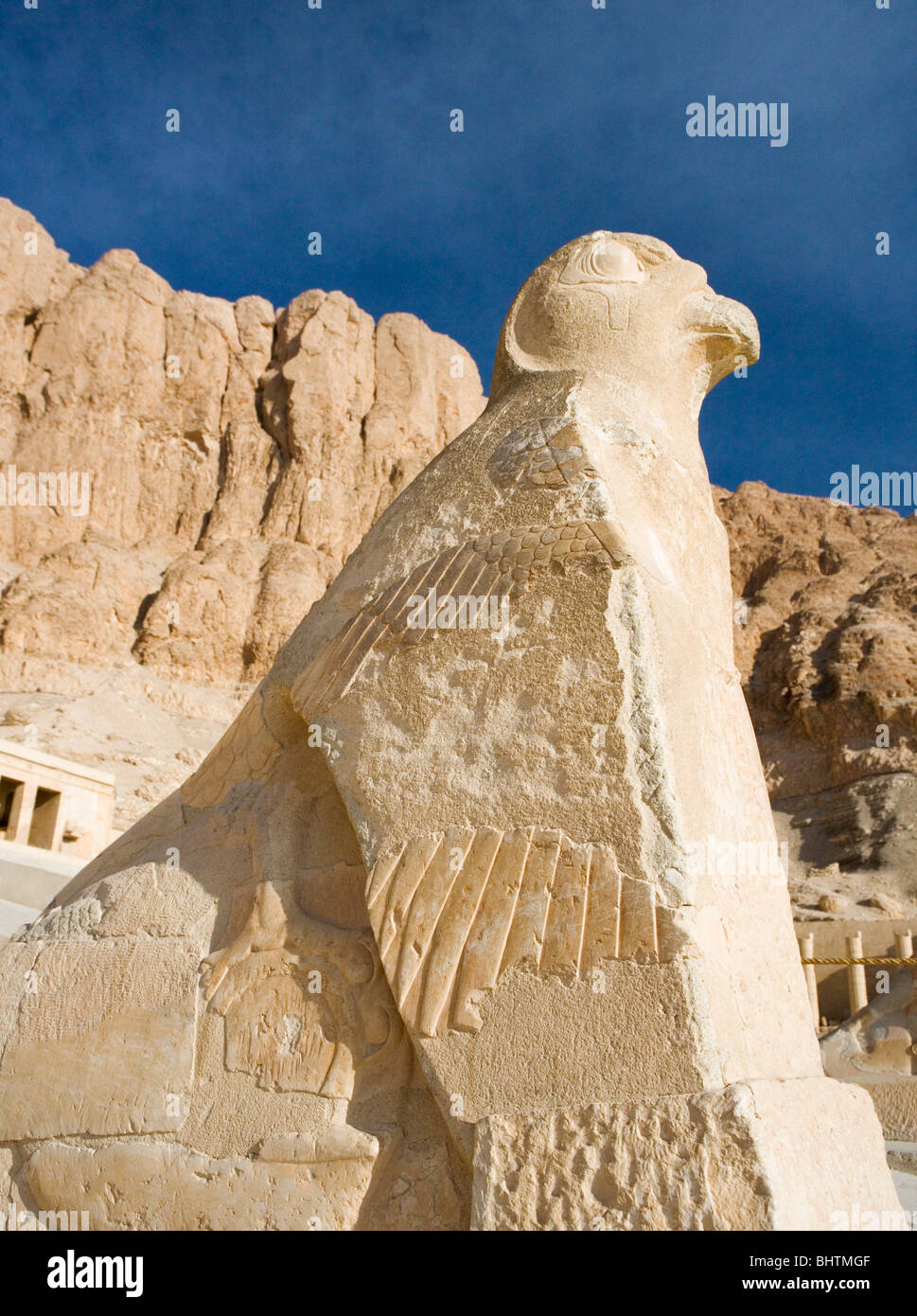 Oiseau faucon statue au Temple d'Hatchepsout, Deir el-Bahri sur la rive ouest de Louxor, Egypte. Banque D'Images