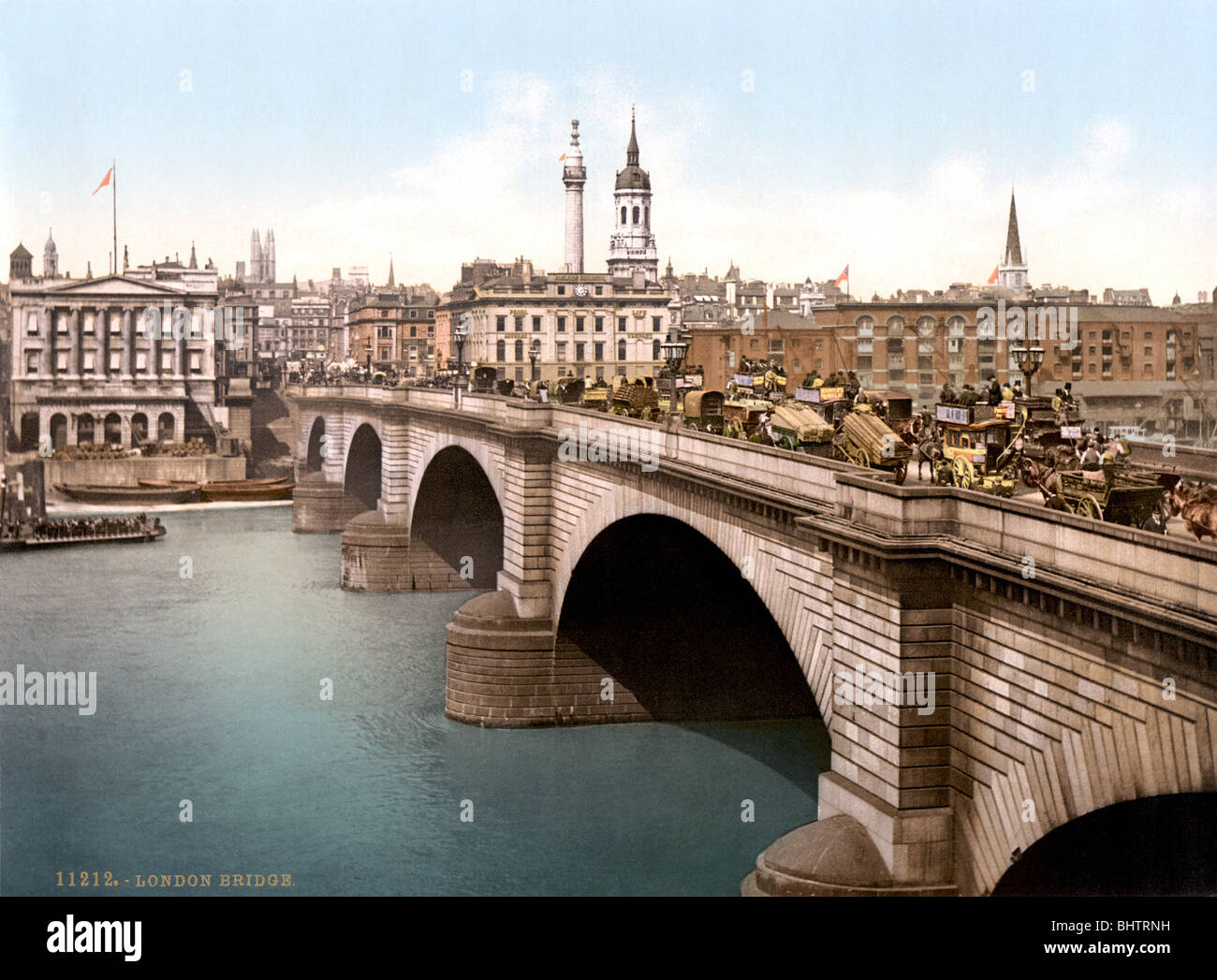 Impression Photochrome c1890s de l'ancien pont de Londres sur la Tamise conçu par l'ingénieur John Rennie et ouvert en 1831. Banque D'Images