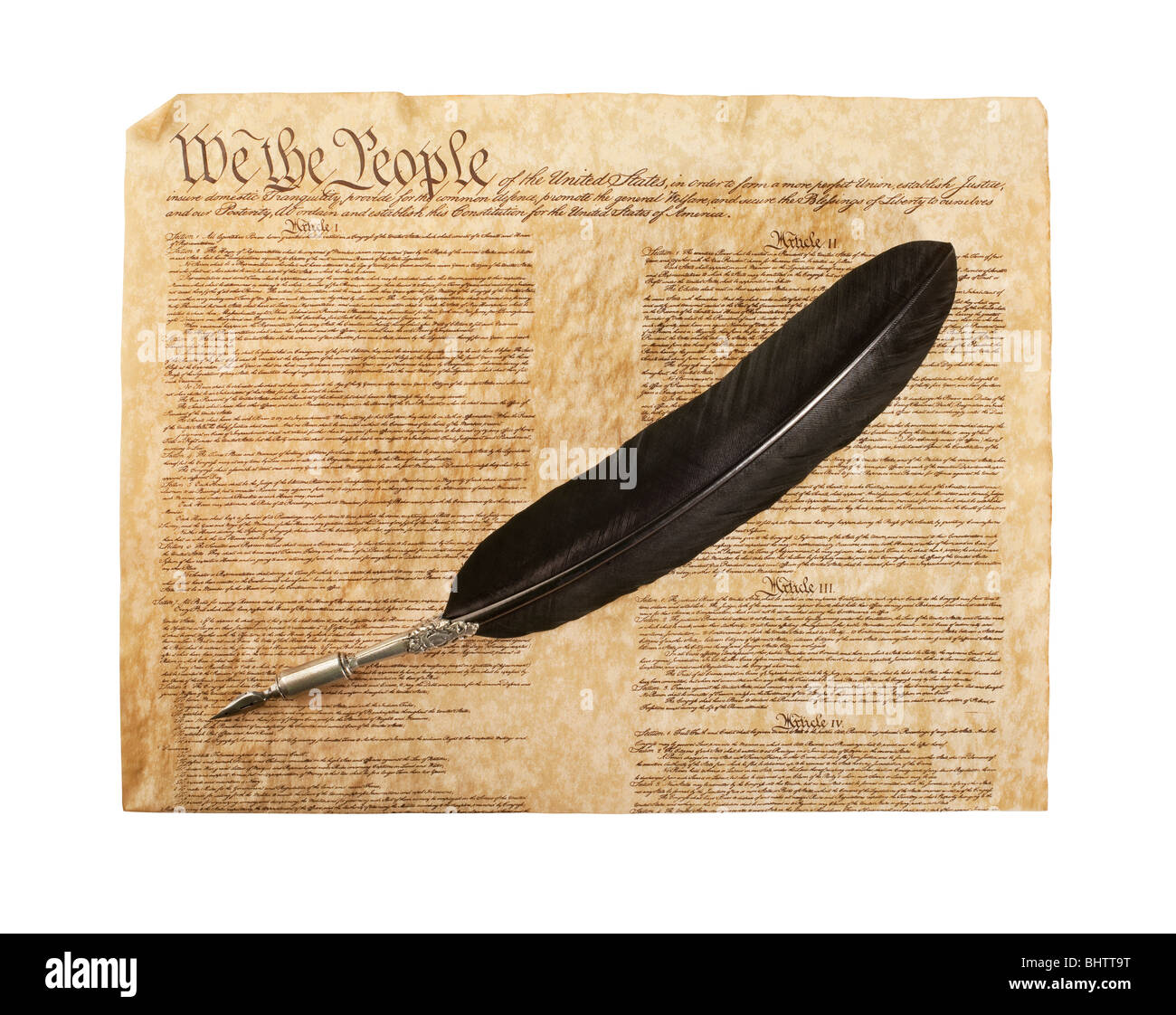 La Constitution des États-Unis d'Amérique avec une plume d'isolé sur fond blanc Banque D'Images