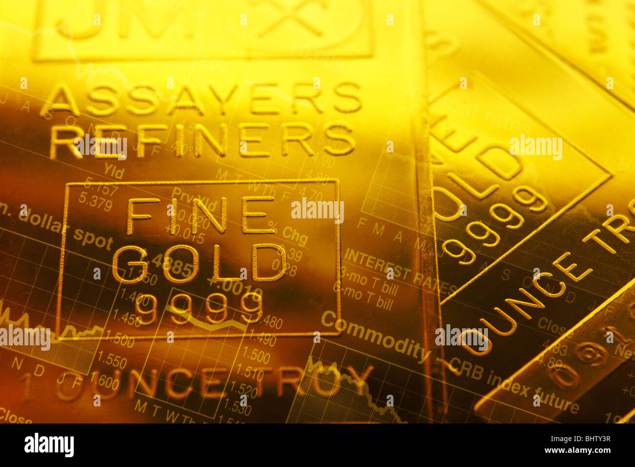 Concept d'affaires avec des barres d'or recouvertes d'illustration du marché boursier Banque D'Images