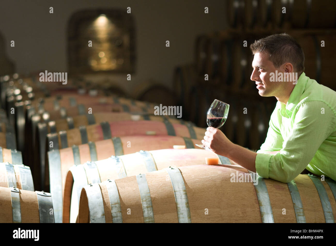 Jeune homme dans la cave à vin avec verre de vin rouge Banque D'Images