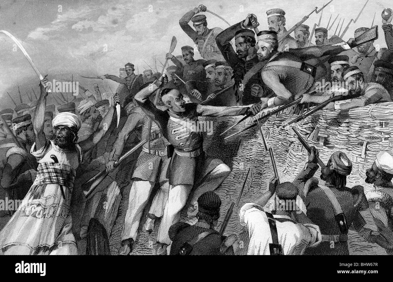 Rébellion indienne - Indian mutins attaquent la batterie du Redan à Lucknow 30 juillet 1857. Banque D'Images