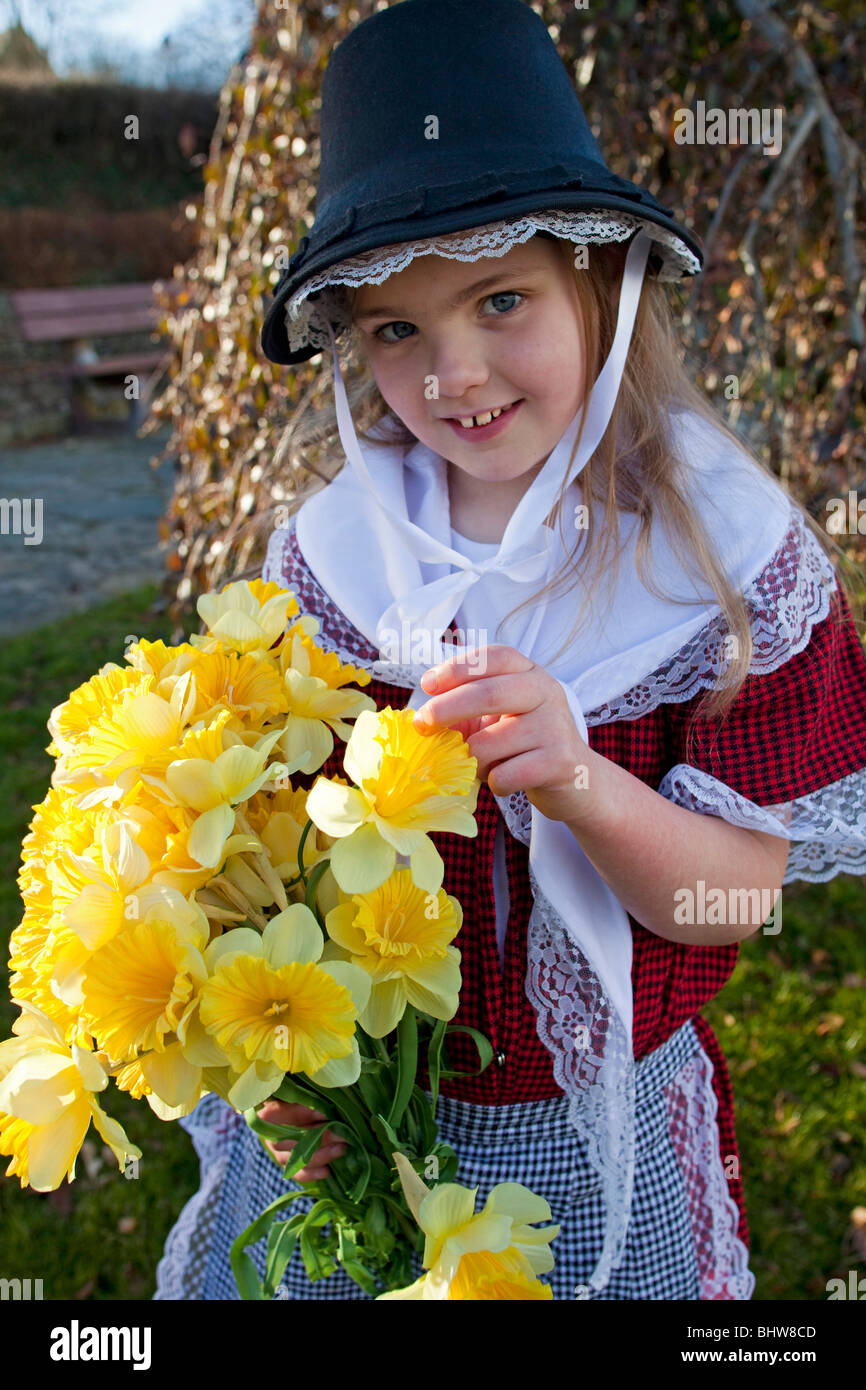 Jeune fille avec bouquet de jonquilles jaune portant le costume  traditionnel gallois le jour de la Saint David, 1er mars. 105170 St Davids  Photo Stock - Alamy