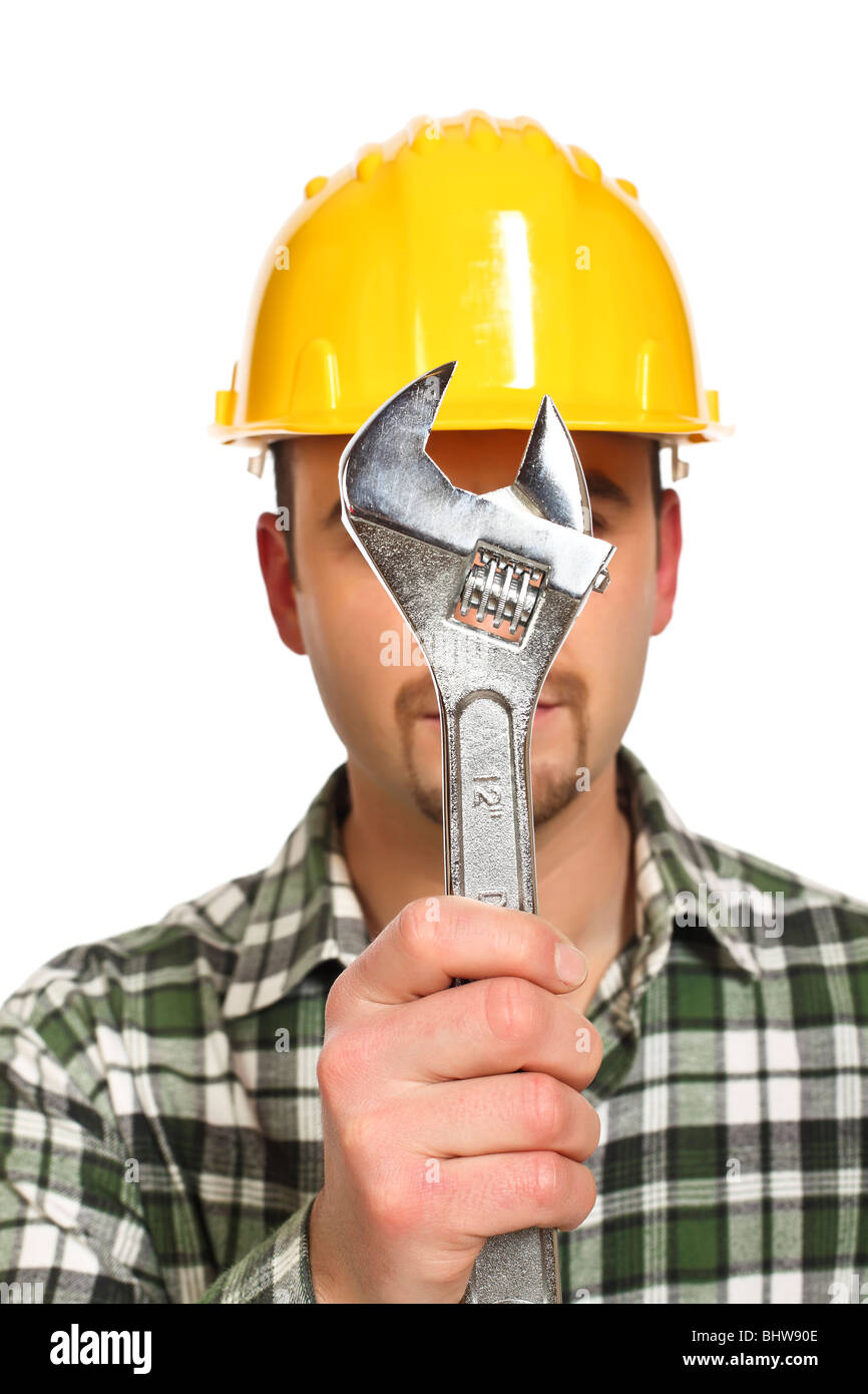 Mantool portrait avec une clé classique isolé sur fond blanc Banque D'Images