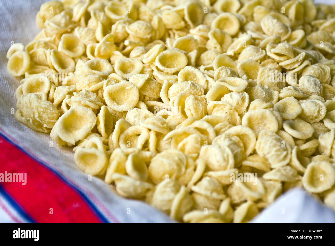 Orecchiette des Pouilles, des pâtes fraîches typiquement et célèbre dans les Pouilles, Sud de l'Italie Banque D'Images