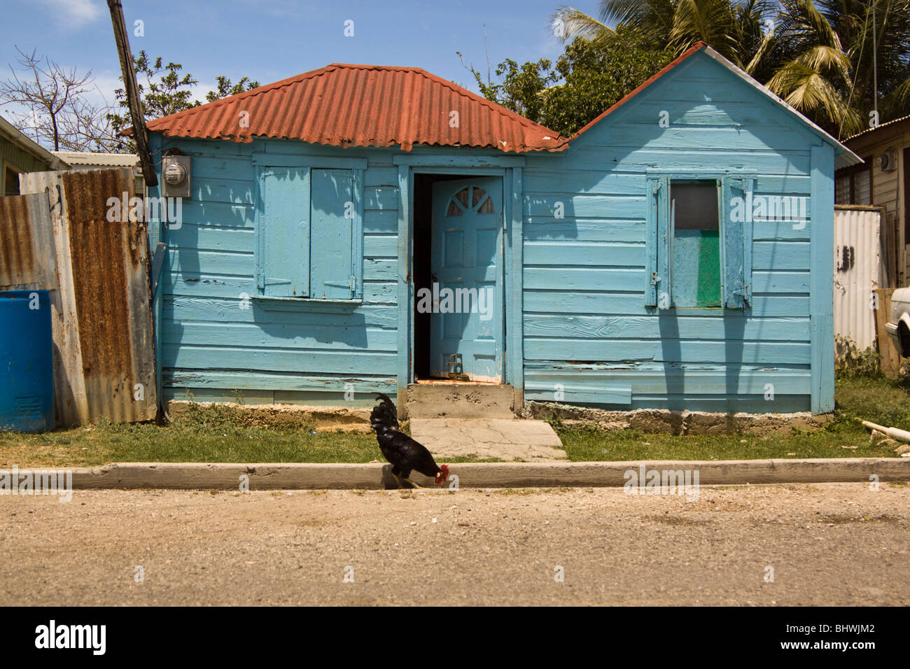 Vieille maison rustique de couleur bleu ciel avec coq, St John's, Antigua Banque D'Images