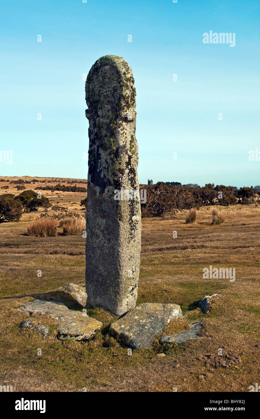 ' Long Tom ' une pierre antique christianisé à larbins sur Bodmin Moor, Cornwall, uk Banque D'Images
