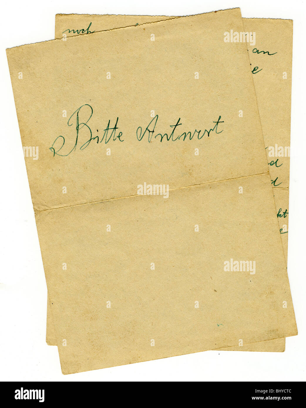 Ancienne lettre allemand sur deux feuilles de papier avec de grands veuillez répondre à Banque D'Images