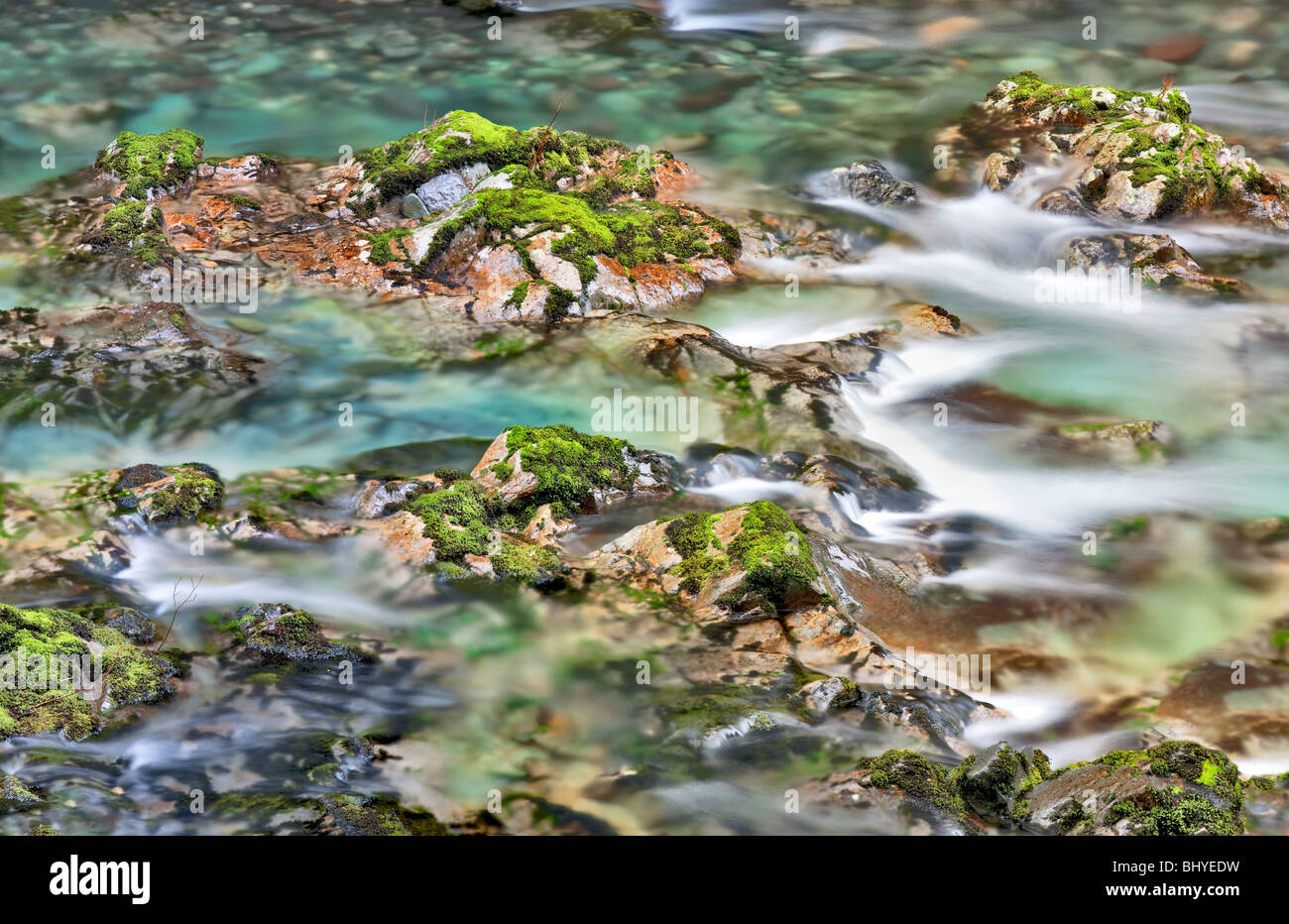 Peu au nord de la rivière avec des rochers colorés Santiam et piscines. Opal Creek Scenic Zone de loisirs, Oregon Banque D'Images
