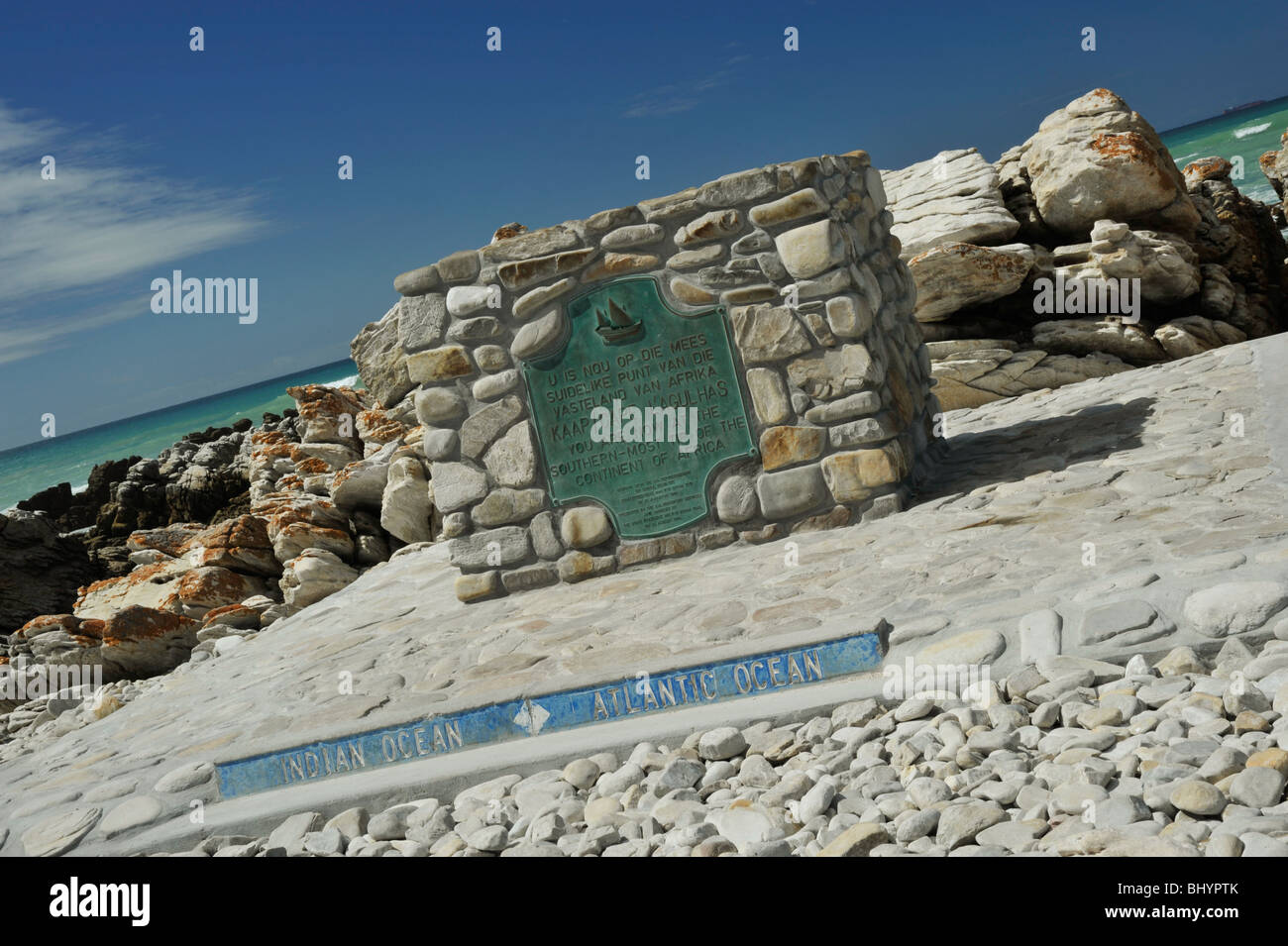 Cape Agulhas, Western Cape, Afrique du Sud, pancarte "pointe sud de l'Afrique, plage, Parc National Banque D'Images