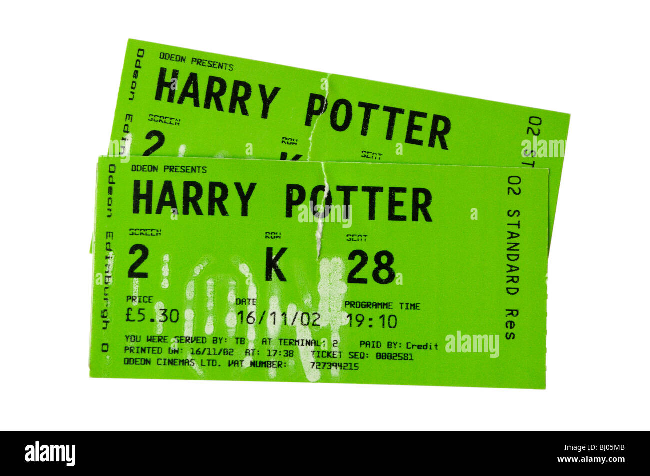 Une paire de billets de cinéma pour voir Harry Potter Banque D'Images
