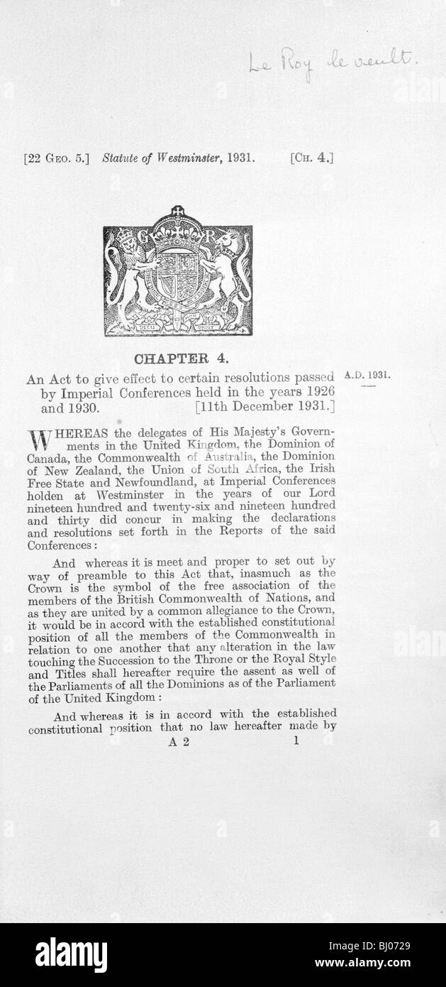 Loi concernant la succession royale, 1931. Artiste : Inconnu Banque D'Images