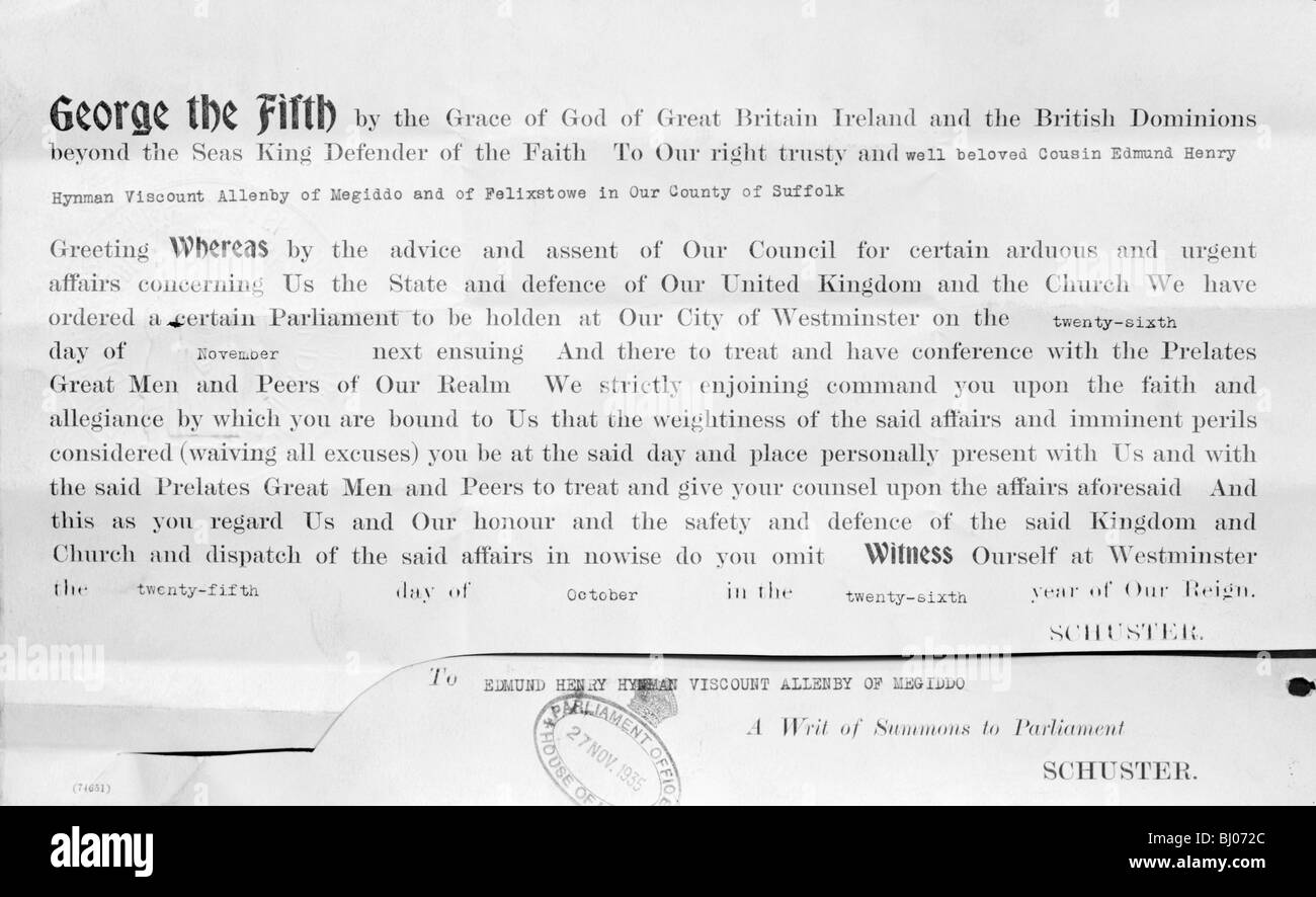 Un bref d'assignation au Parlement, 1935. Artiste : Inconnu Banque D'Images