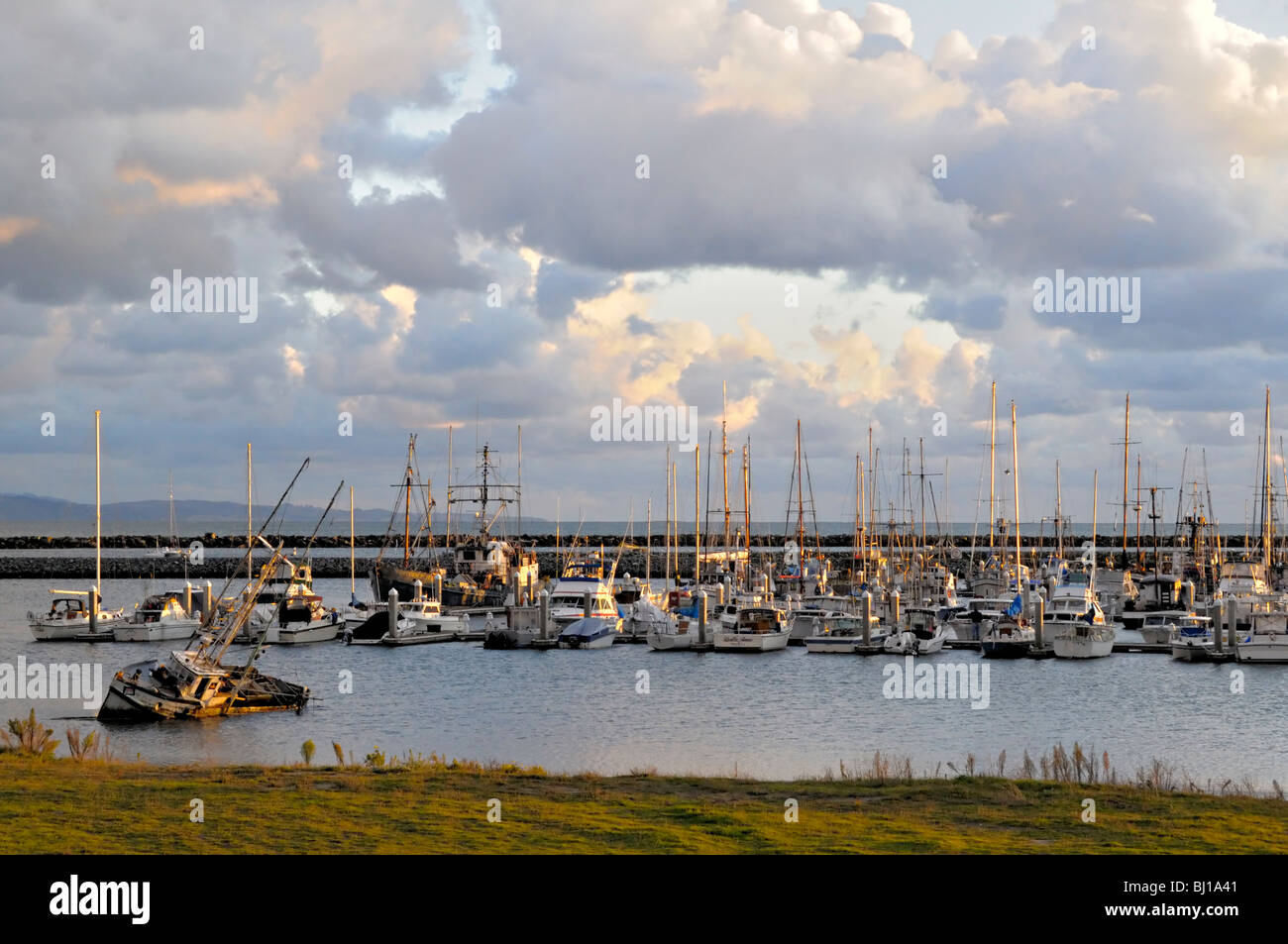 Bateaux amarrés à Pillar point Harbor, Half Moon Bay, Californie, avec un voilier coulé au premier plan sous les nuages spectaculaires du soir et la lumière dorée. Banque D'Images Bateaux amarrés à Pillar point Harbor, Half Moon Bay, Californie, avec un voilier coulé au premier plan sous les nuages spectaculaires du soir et la lumière dorée. Banque D'Images