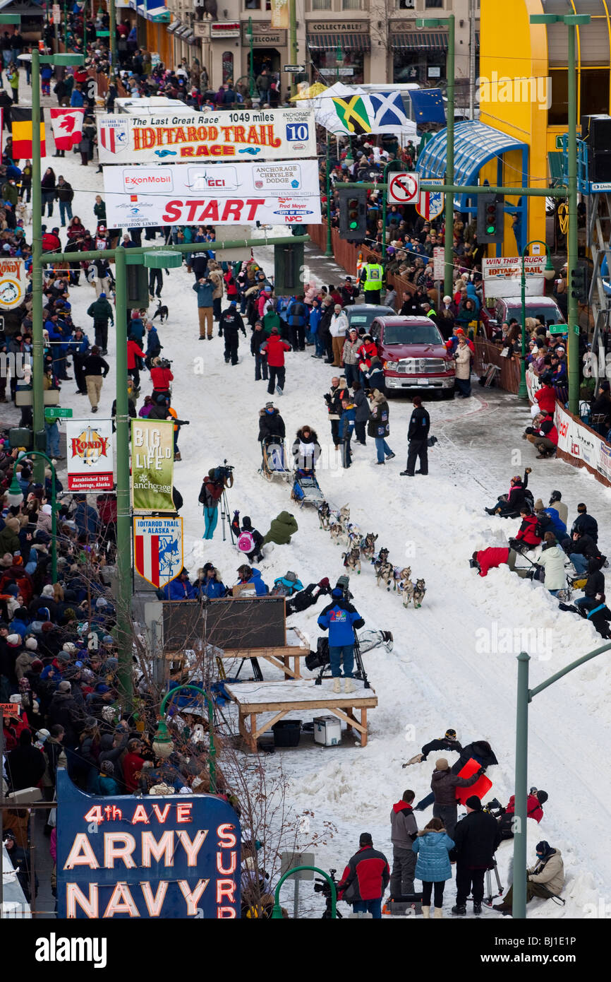 Musher au début de la cérémonie 2010 Iditarod Trail Sled Dog Race. Banque D'Images