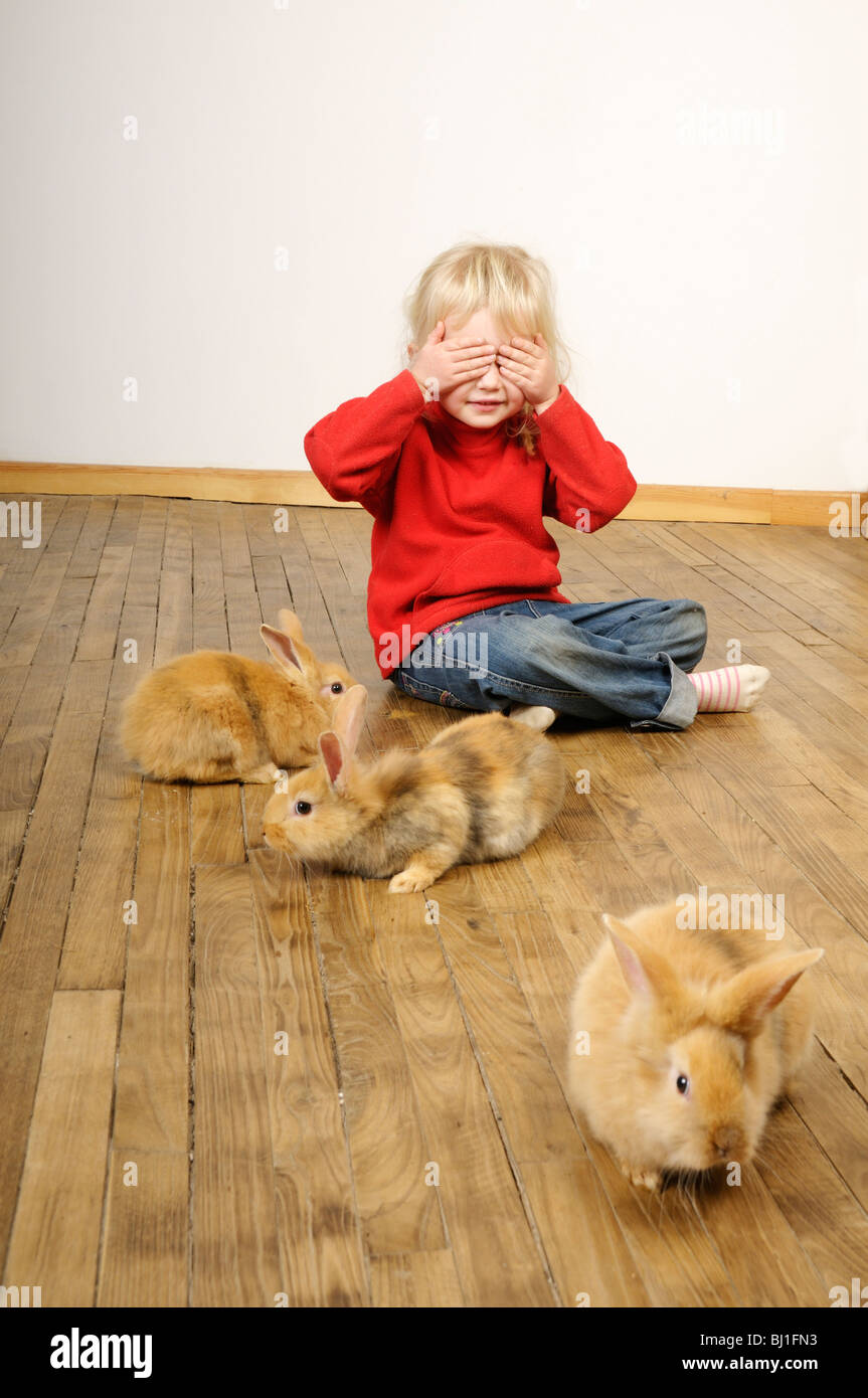 Stock photo d'une fillette de quatre ans jouer avec ses animaux sur un plancher en bois. Banque D'Images