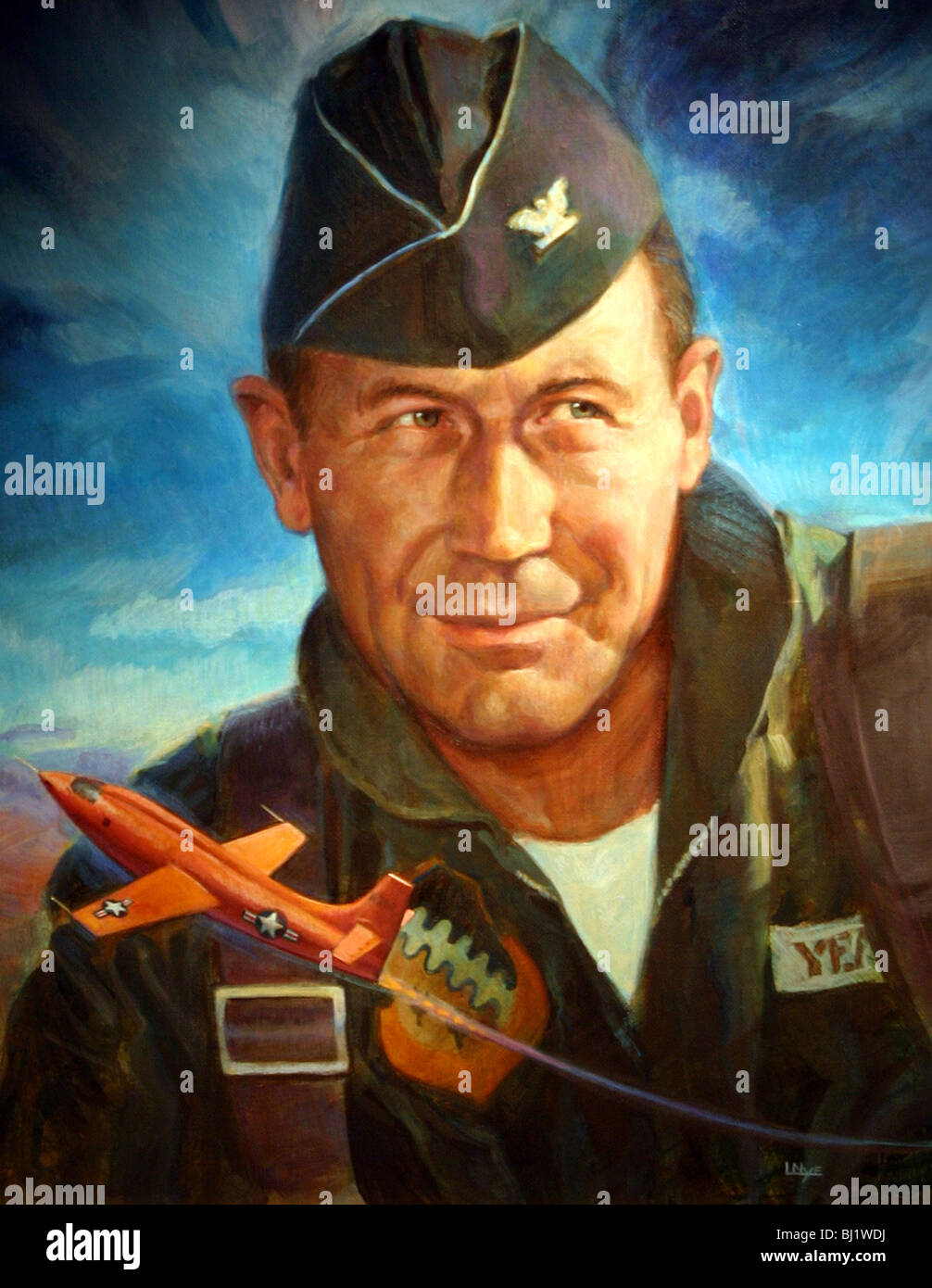 Il s'agit d'un portrait peint du célèbre aviateur américain Chuck Yeager. Pour être vendu pour un usage éditorial uniquement. Ce portrait Banque D'Images