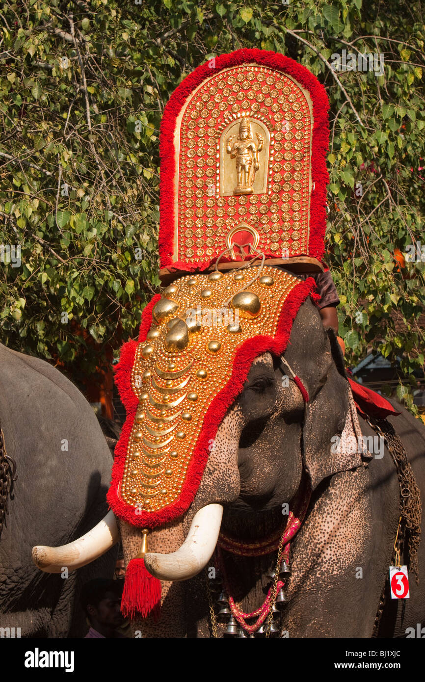 L'Inde, le Kerala, Adoor, Sree Parthasarathy temple, Gajamela festival, dans l'éléphant caparisoned procession rituelle Banque D'Images