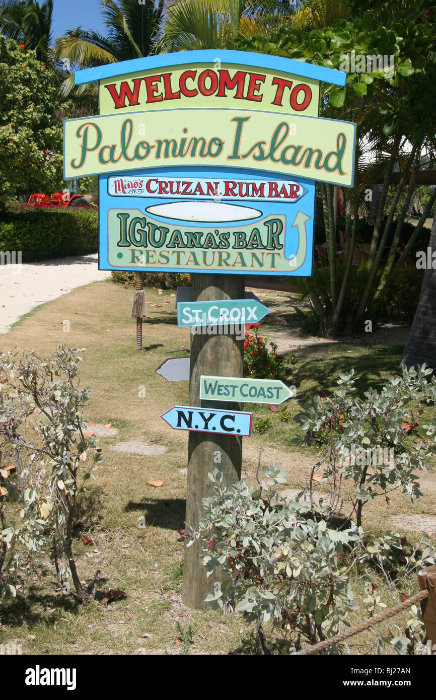 Panneau de bienvenue à l'île de Palomino, Porto Rico, administré par El Conquistador Resort. Banque D'Images