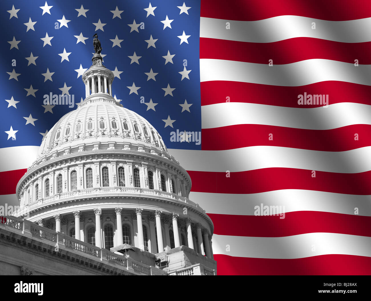 Dôme du Capitole de Washington DC avec ridée drapeau Américain Banque D'Images