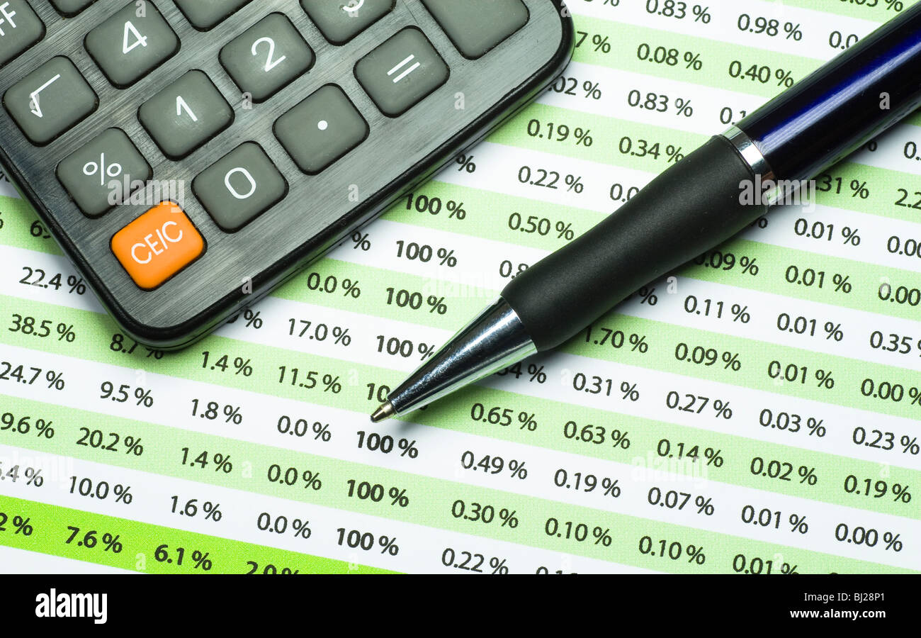 Une calculatrice, stylo, et l'état financier. Banque D'Images