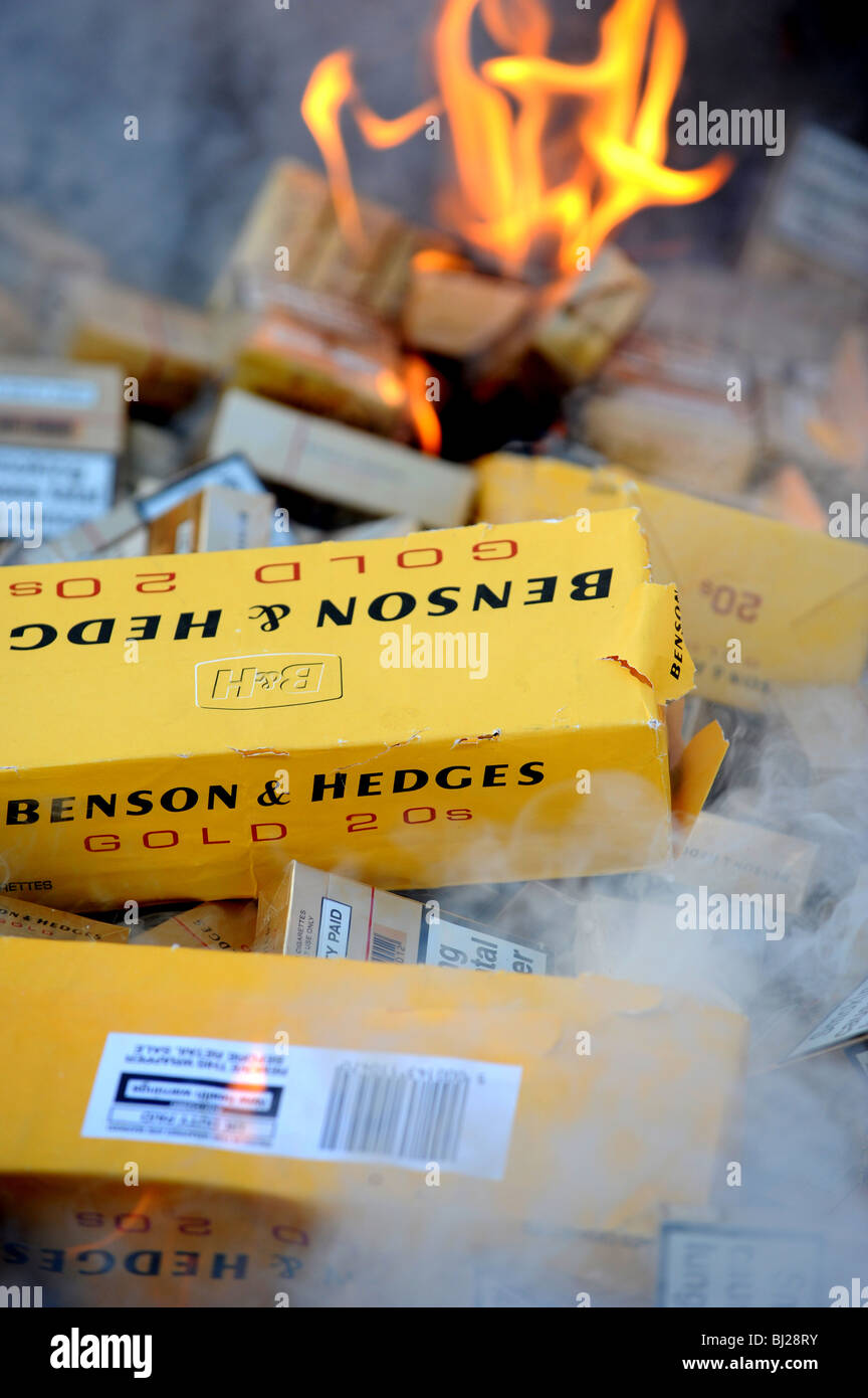 Des milliers de cigarettes de contrefaçon saisies lors d'un raid de trading standards sont détruits Banque D'Images